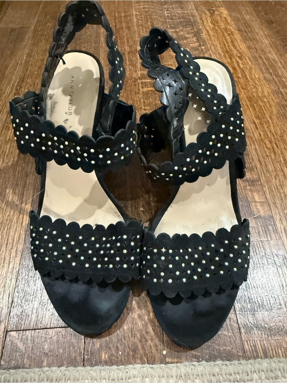 Ann Taylor Black Scalloped Studded Slingback Heels